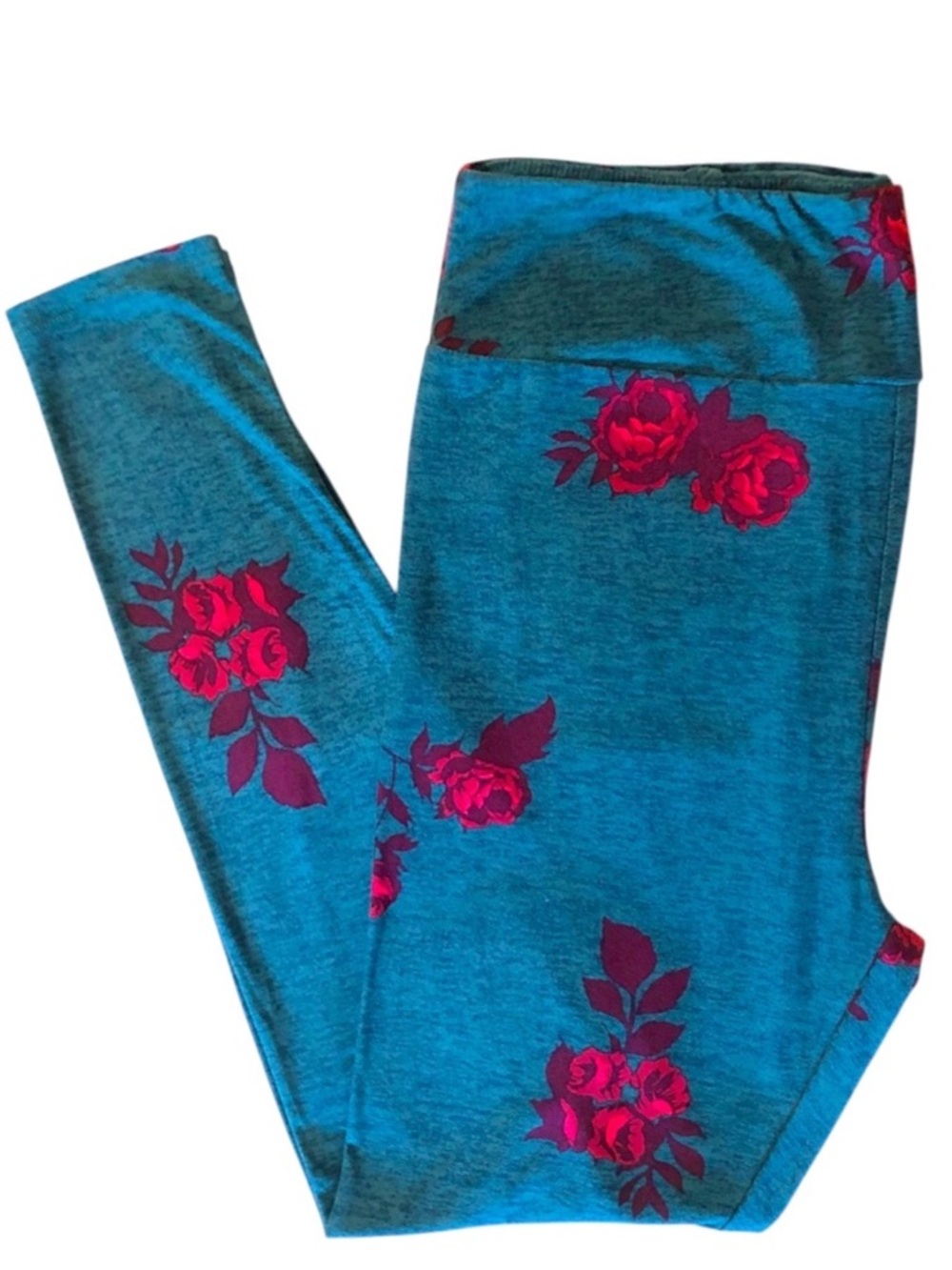 LuLaRoe Blue Green Leggings with Pink Floral TC